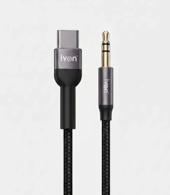 Cable auxiliar de audio trenzado IVON Tipo-C a Jack 3.5mm con conectores metálicos y punta dorada