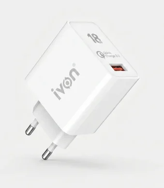 Cargador de pared rápido IVON 18W color blanco con puerto USB Quick Charge 3.0 y enchufe europeo