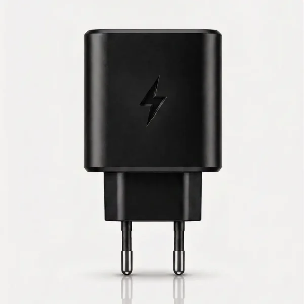 Cargador de pared Tipo-C IVON de 25W color negro mate con ícono de rayo y chip inteligente