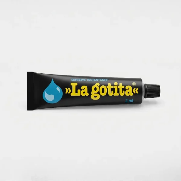 Pomo de adhesivo instantáneo La Gotita de 2ml color negro con letras amarillas y el logo de la gota azul