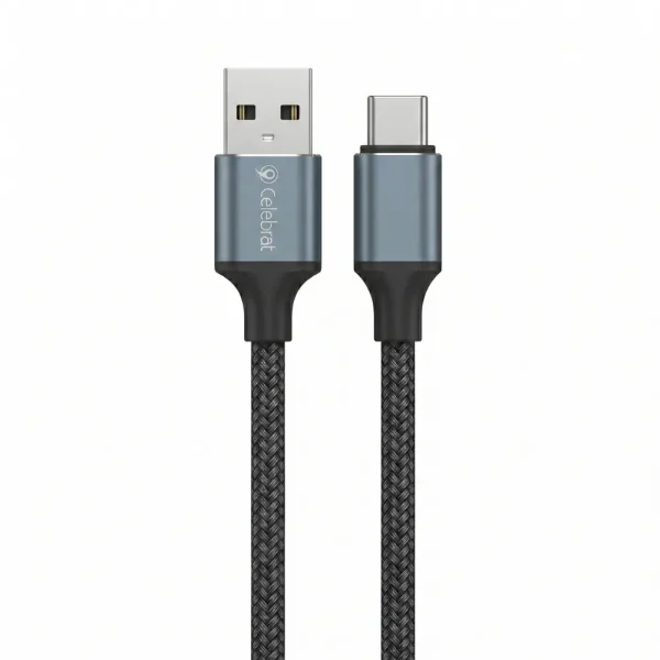 Cable USB a Tipo C Celebrat CB-30 negro trenzado con conectores metálicos para carga rápida 3A