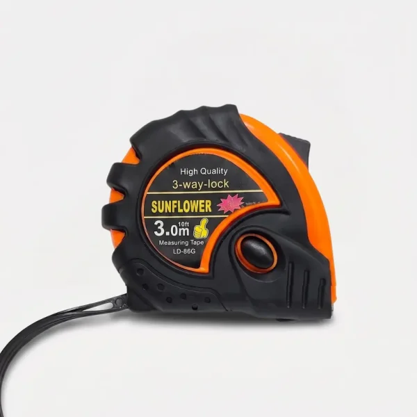 Huincha de medir Sunflower de 3 metros color naranja y negro con sistema 3-way-lock y correa